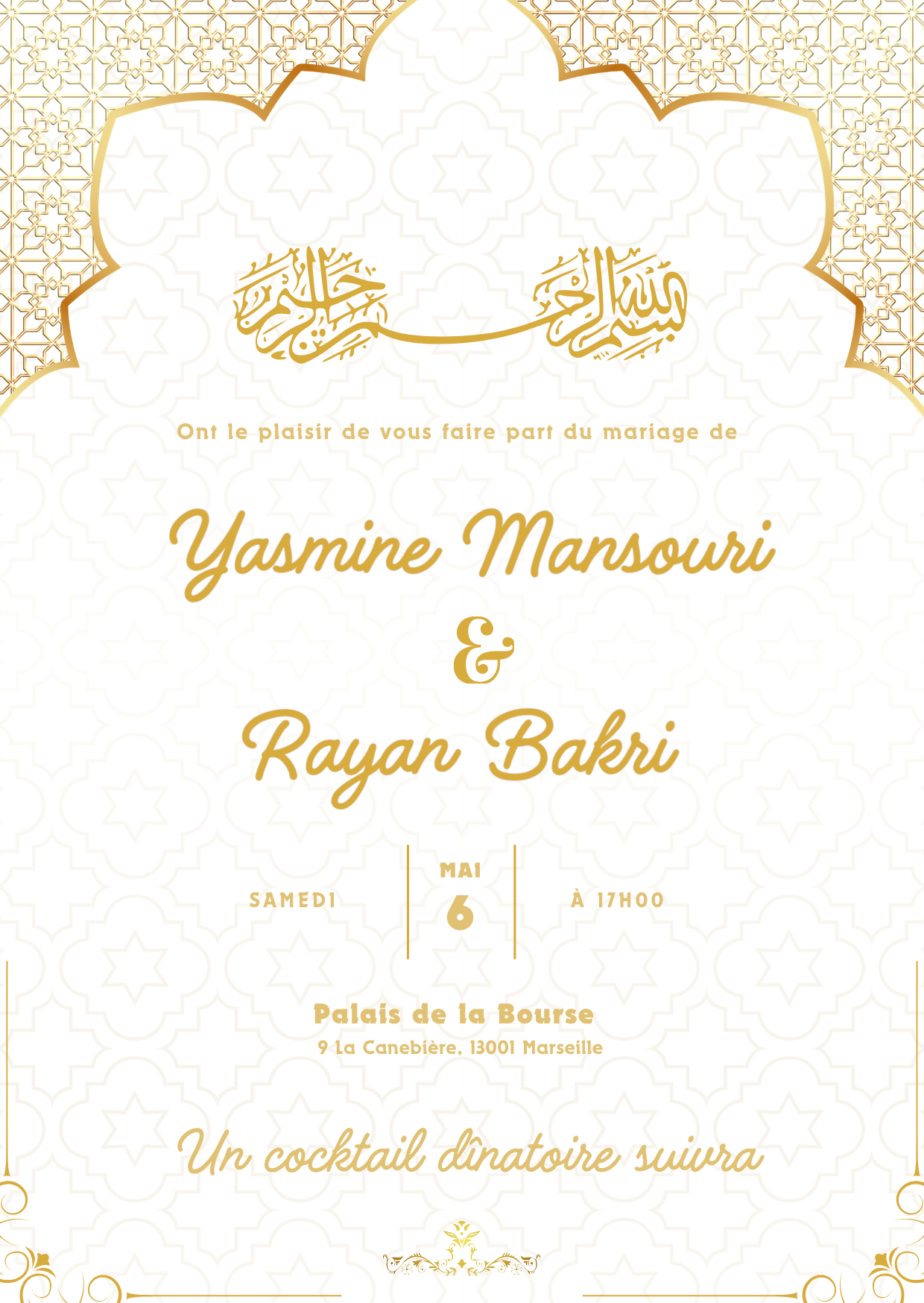 Mariage — Yasmine & Rayan : Faire-part de mariage élégant aux motifs dorés et calligraphie raffinée. — création Évent Desiign